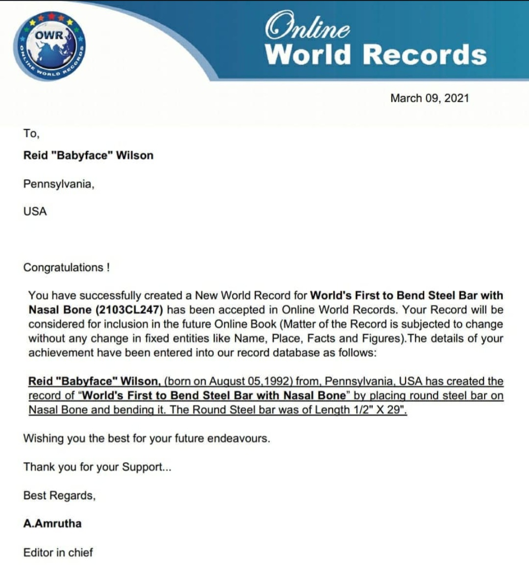 Online World Records certificate - World's First to Bend Steel Bar with Nasal Bone, March 2021