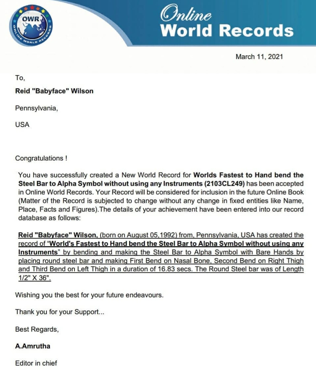 Online World Records certificate - World's Fastest to Hand Bend Steel Bar to Alpha Symbol, March 2021