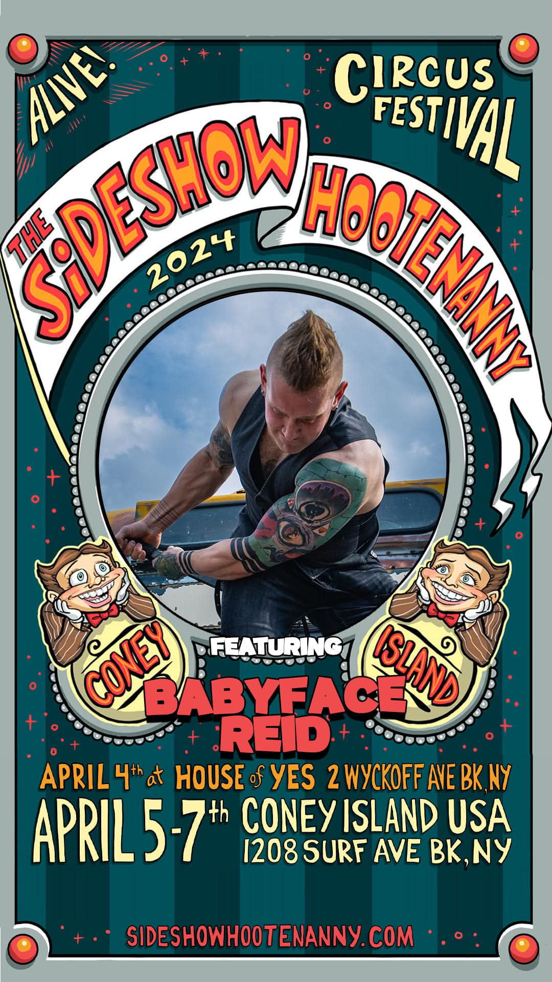 Sideshow Hootenanny 2024 circus festival poster featuring Babyface Reid, Coney Island venue details